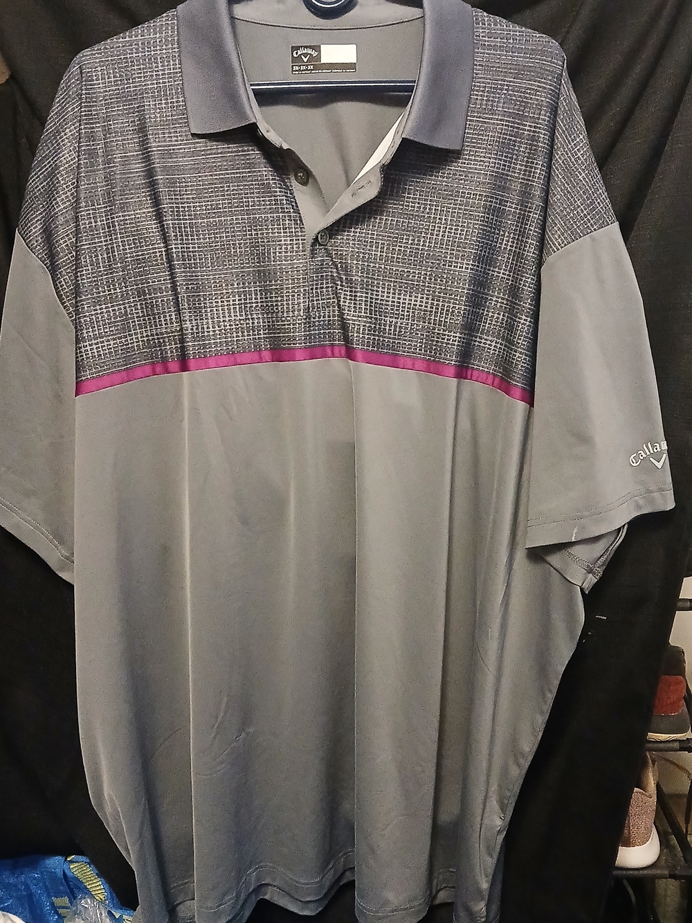 Callaway Gray Polo with Patterned Yoke and Purple Stripe